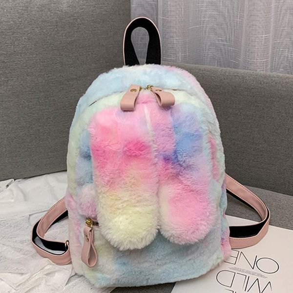 

outdoor bags cute faux fur woman backpack ear women travel shoulder fashion plush bagpack rucksack teenager girls school bag #40