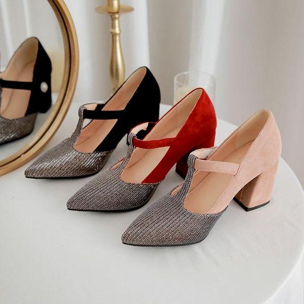 

dress shoes 2021 women pumps fashion crystal sandals square high heels pointed toe buckle summer 33-43, Black