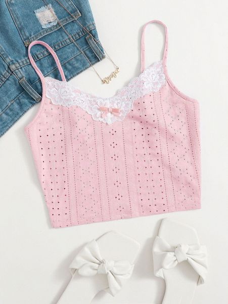 

lace trim bow front cami 43eh#, White