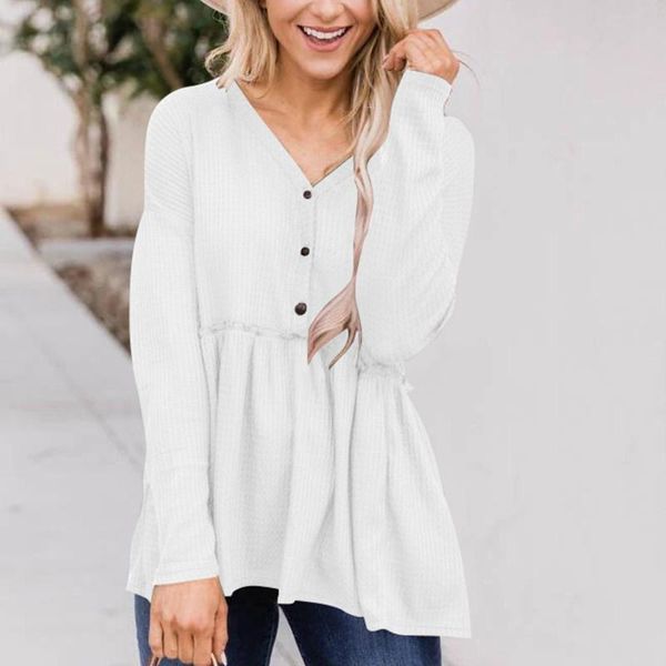 

women's blouses & shirts women casual blouse ladies loose solid color long-sleeve v-neck large hem stitching buttons autumn blusas, White