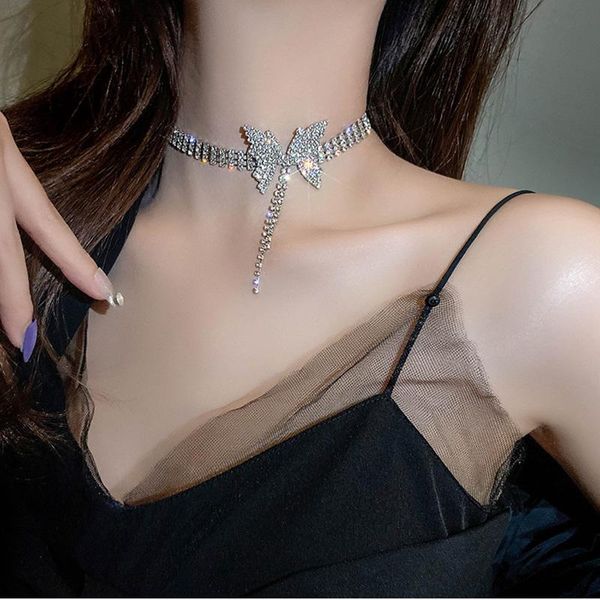 

blijery korean butterfly crystal choker necklaces for women long tassel rhinestone weddings jewelry party gifts chokers, Golden;silver