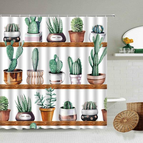 

shower curtains hand painted cactus plant flowers ceramic potted printed curtain creative children bathroom with hook waterproof screen