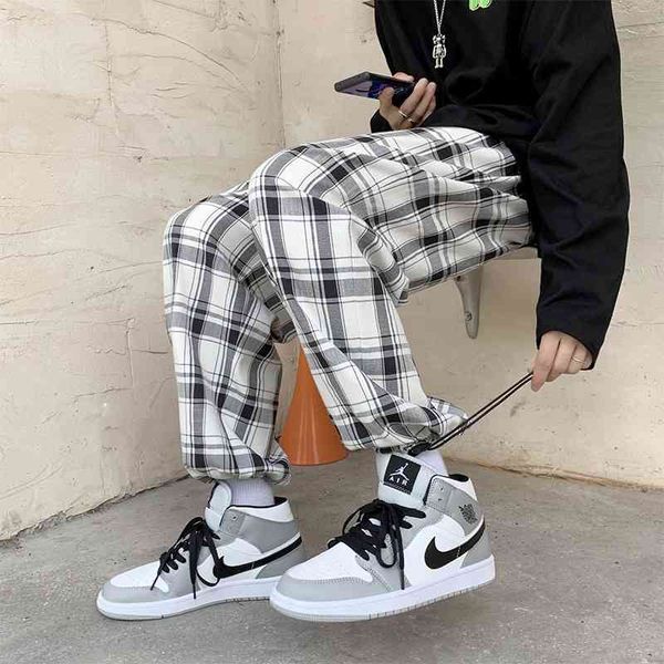 

men's pants men plaid oversize streetwear autumn clothing casual checkered trousers elastic waist loose fitted big size bottoms ma, Black