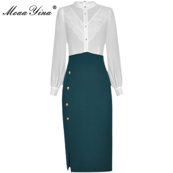 

fashion designer dress spring women's dress stand collar lace patchwork chiffon office lady dresses 210524, Black;gray