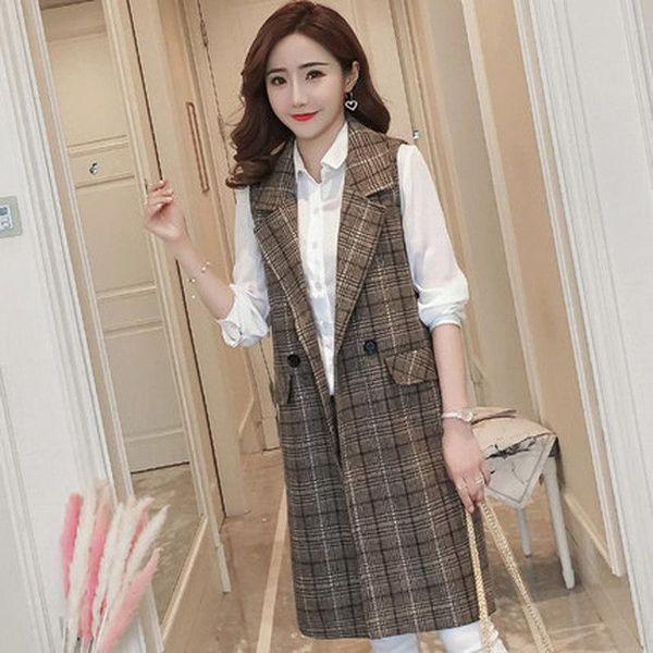 

women's vests 2021 spring and autumn ladies fashion sleeveless slim plaid vest jacket long section, Black;white