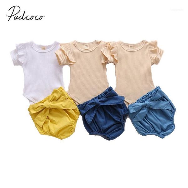 

baby girls 2pcs romper set solid color ruffle short sleeve round neck button closure jumpsuit, elastic band triangle pant1, White