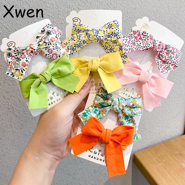 

[xwen] 2 pieces/set floral bow children hairpin kids headdress printed side bangs clip fashion accessories oh2137 hair, Slivery;white