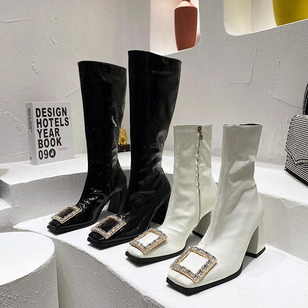 

boots ins style ankle fashion square buckle crystal patent leather autumn winter warm high heels office lady shoes, Black