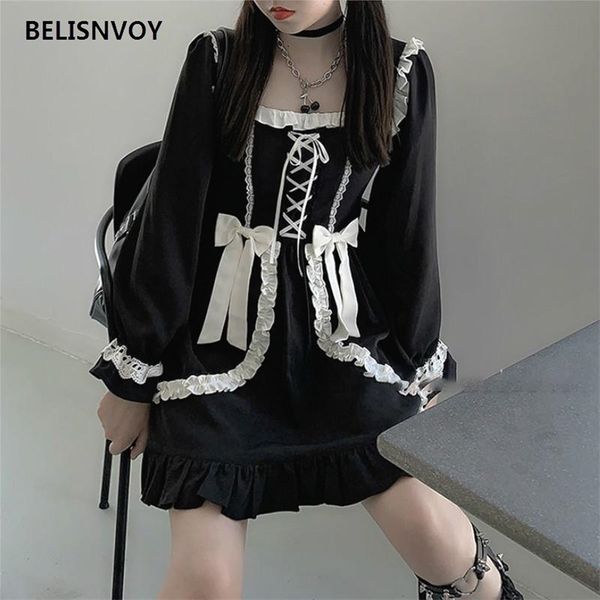 Ragazze gotiche giapponesi Lolita Dress Vintage Cosplay Bow Lace-up Ruffles Principessa Mini Kawaii Punk Abbigliamento es Per le donne 210520