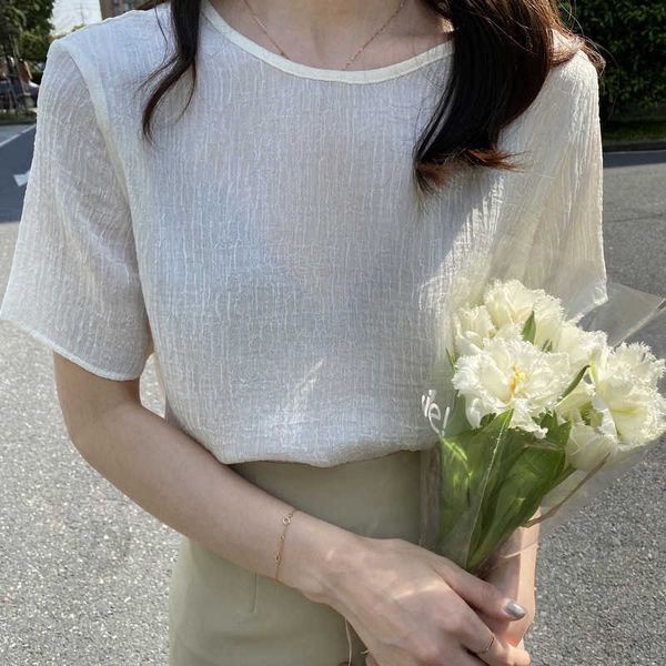 

hxjjp summer korean women's bubbly crinkle t-shirt crew-neck short-sleeved instagram style 210607, White