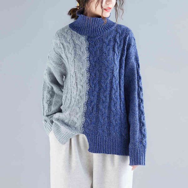 

women's sweaters [ewq] autumn winter korea large knitted two-color stitched turtleneck split casual female contrast clothing fomk, White;black