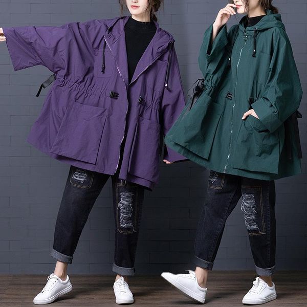 

women's trench coats purple black coat women spring autumn lace up batwing long sleeve drawstring hooded plus size windbreaker female o, Tan;black