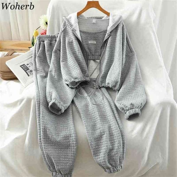 

casual 3 piece set solid color zip hooded drawstring sweatshirts + camis stretch waist harem pants fashion suit 210519, White