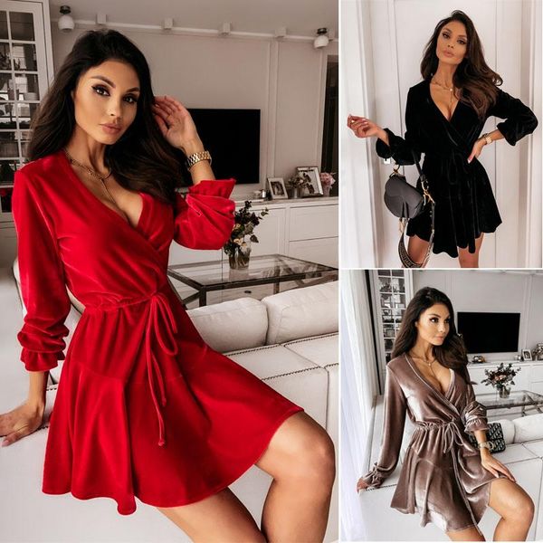 

winter velvet dresses for women long sleeve mujer elastic waist vestidos female elegant v-neck party club a-line dress casual, Black;gray