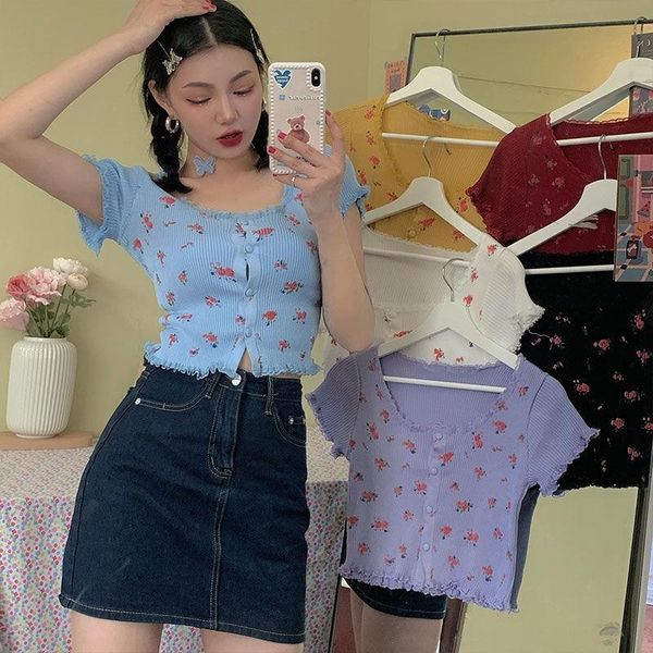 

women's t-shirt fashion sweet floral print women korean style cute fits patchwork lace short tees 6 candy color t-shirts girls, White
