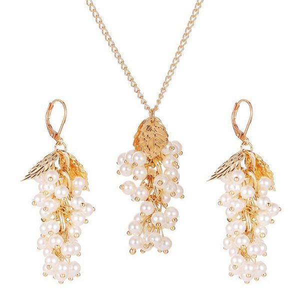 

earrings & necklace luxury pearl pendant earring bride jewelry set women geometry leaves plant choker femme party wedding, Silver