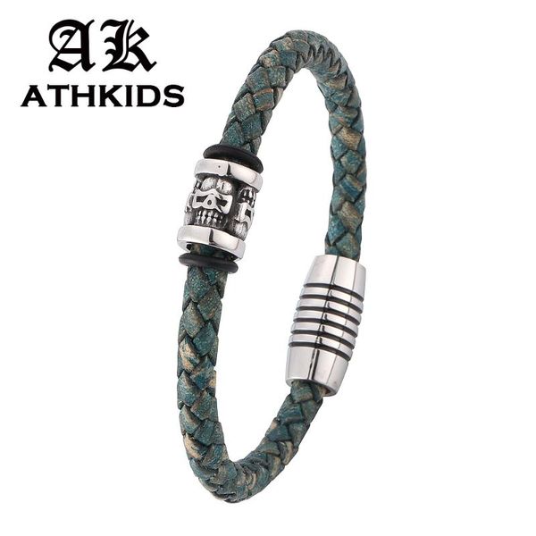 

charm bracelets fashion green braid genuine leather bracelet stainless steel magnet clasp men women jewelry wrist band gift pd0195, Golden;silver
