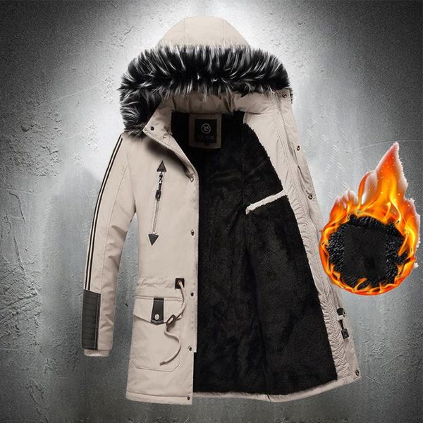 

men's down & parkas winter jacket men long overcoat fur collar lined warm coat outdoor detachable hood fashion clothing, Black