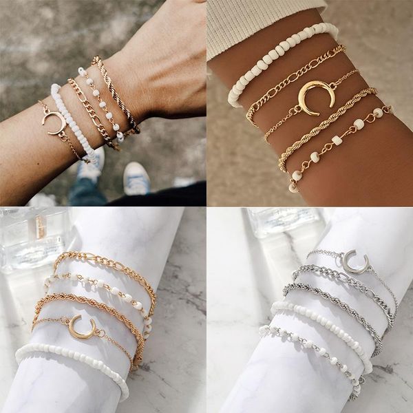 

anklets 4 pcs/set punk gold crystal thick chain bracelet female bohemian geometric buckle set jewelry girl party gift, Red;blue