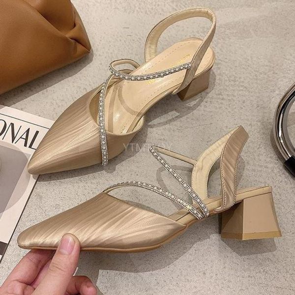 

rhinestones leather pumps women slip on pointed toe footwear crystal square high heels zapatos de mujer tacon 2021 dress shoes, Black