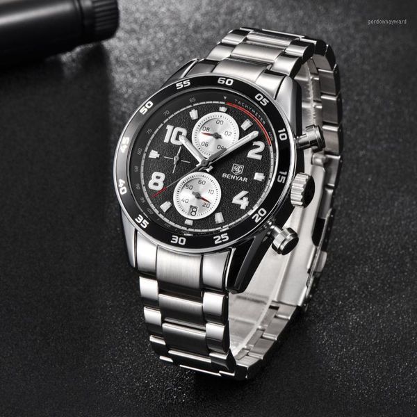 

wristwatches benyar 5126 brand men's watches stainless steel band sports waterproof watch luxury men quartz analog wristwatch reloj hom, Slivery;brown