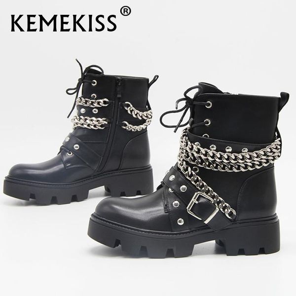 

boots kemekiss ladies motorcycle metal chain chunky ins street woman shoes autumn ankle fashion size 36-41, Black