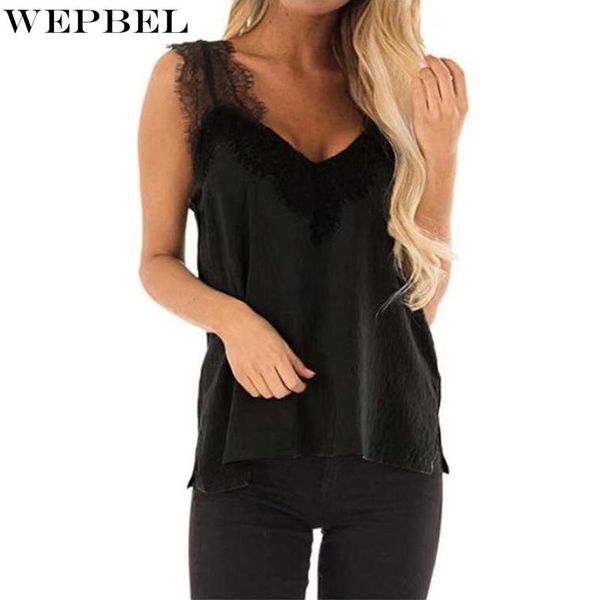 

women's t-shirt wepbel summer fashion lace v-neck stitching loose solid color sleeveless top, White