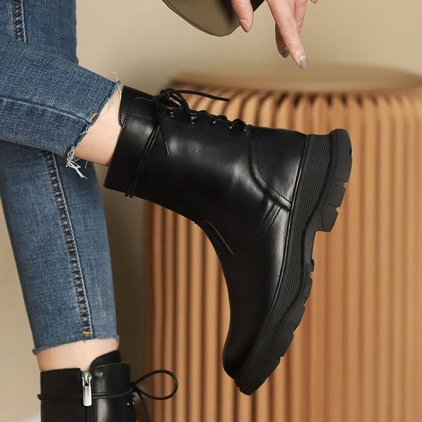 

winter boots cow leather women shoes round toe cross-tied platform ankle with zipper daily footwear, Black