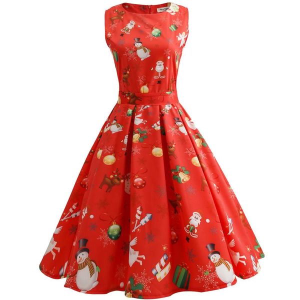 

casual dresses for women fashion vintage christmas print belt sleeveless high waist round neck swing xmas party dress vestido de mujer, Black;gray