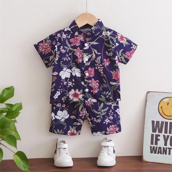 

0 5y summer casual kids boys clothes sets 2pcs flowers print short sleeve single breasted shirts shorts, White