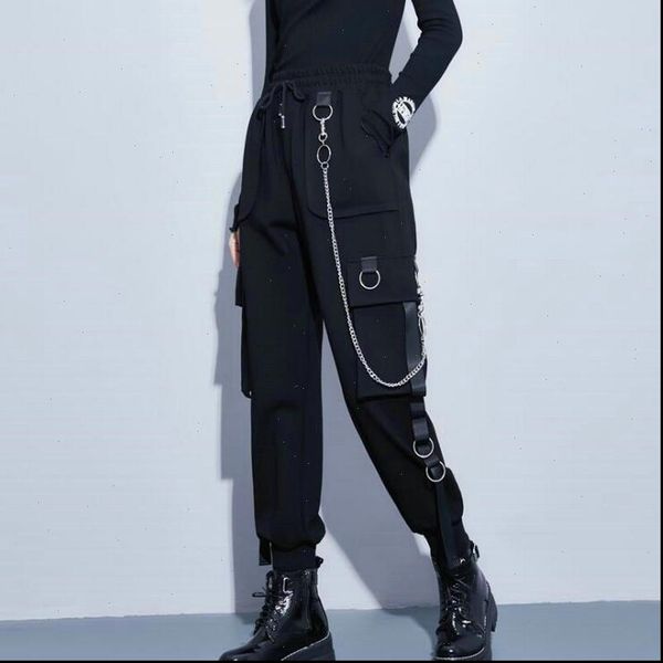 

women capris streetwear cargo pants casual joggers black high waist loose female trousers korean style ribbon ladies, Black;white