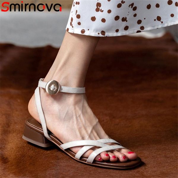 

smirnova 2021 arrive women sandals ankle buckle solid colors square heel casual shoes ladies genuine leather, Black