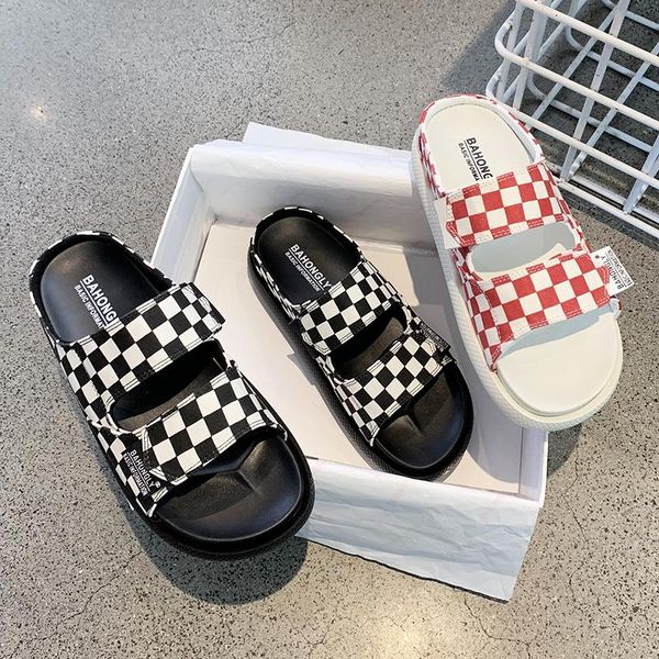 

slippers thick bottom plaid print fretwork women summer open toe flat shoes outdoor home anti-skid beach sandals 2021, Black
