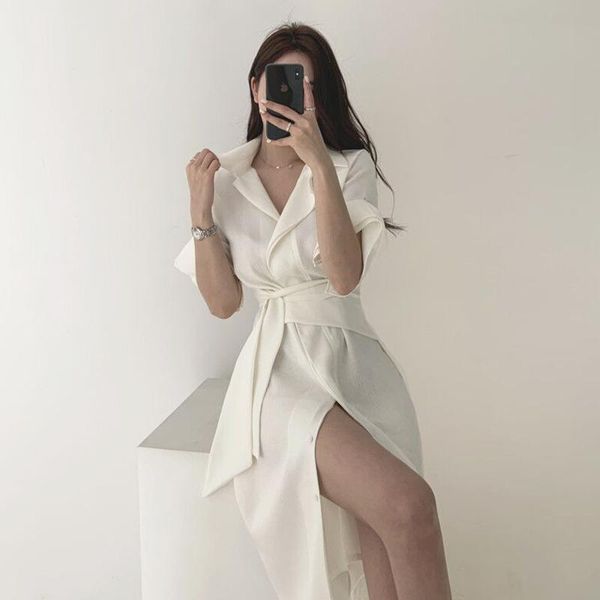 

casual dresses [ewq] 2021 summer elegant turn-down collar bandage short sleeve shirt dress long robe minimalist korean lady holiday, Black;gray