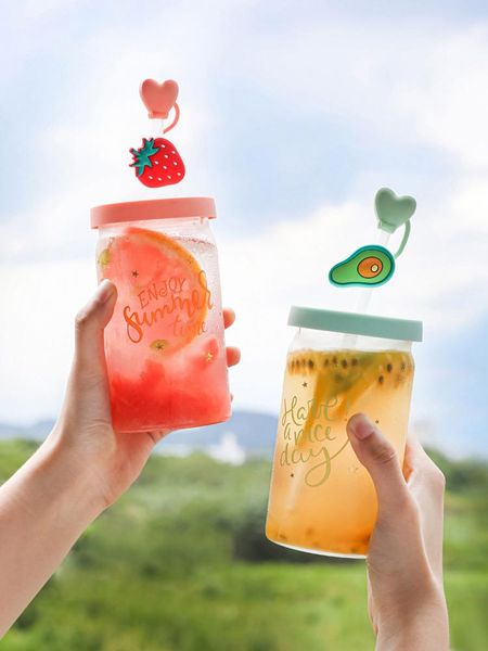 

cute glass cup ins strawberry avocado straw summer home use drinkware silicone lid 500ml wine glasses