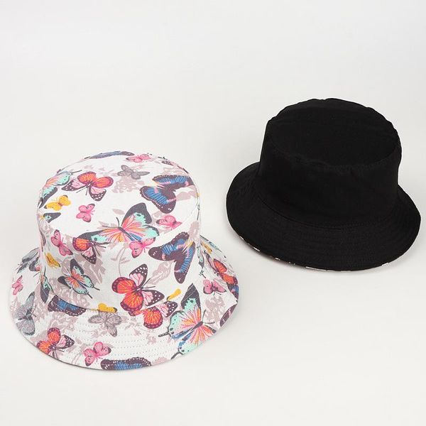 

wide brim hats butterfly printing bucket hat cotton double-sided white panama for girls cartoon sunshade fisherman cap fashion style, Blue;gray