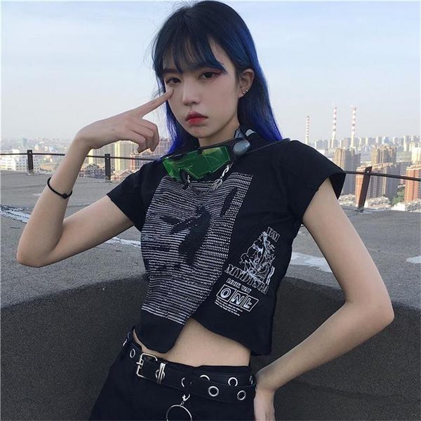 

women's t-shirt gothic black patchwork female streetwear punk slim funny print t shirt women harajuku short sleeve crop tee, White