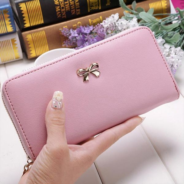 

13 colors ladies cute bowknot women long wallet pure color clutch bag leather purse phone card holder, Red;black
