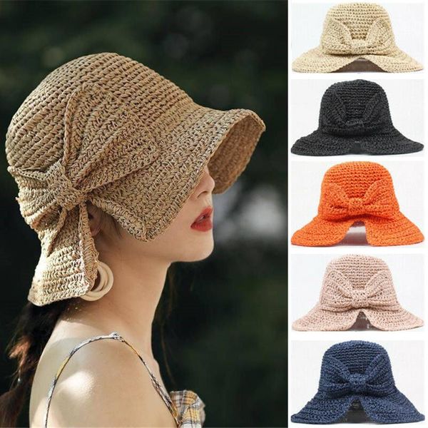 

wide brim hats women fashion sun hat foldable bow straw ladies summer beach brimmed cap, Blue;gray
