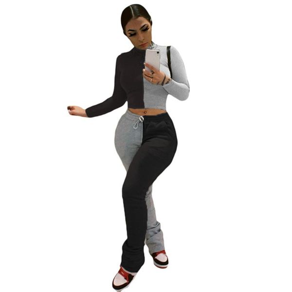 

women's tracksuits arrival solid color long sleeve stitching velvet sweatsuit pant two piece set, Gray