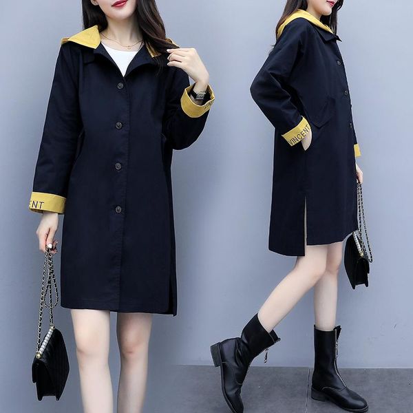 

women's trench coats 2021 autumn women big yards embroidery hooded long leisure clothing size xl -5xl loose outwear vestido mujer outfi, Tan;black