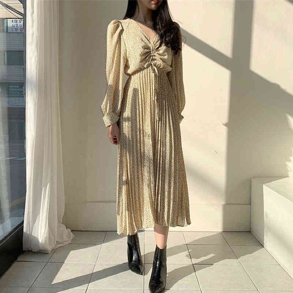 

dresses chic floral print women v-neck lace up pleated female high waist ruched a-line chiffon dress femme 1ewy, Black;gray