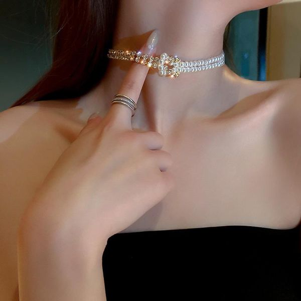 

chokers chic vintage elegant double layers rhinestone fashion jewelry collares pearl necklaces clavicle chain, Golden;silver