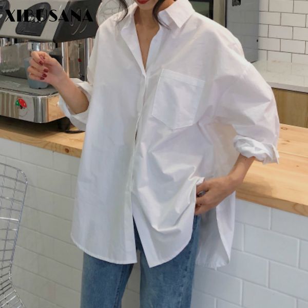 

women loose blouse shirts spring female ol style long sleeve bottoming shirt ladies single-breasted one pocket outwear 210423, White
