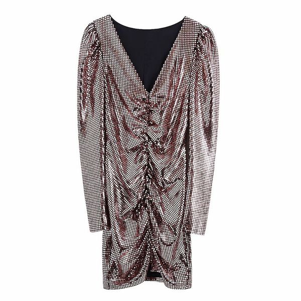 

women fashion party sequinsfold dress female club shine puff sleevev-neck dresses 210520, Black;gray