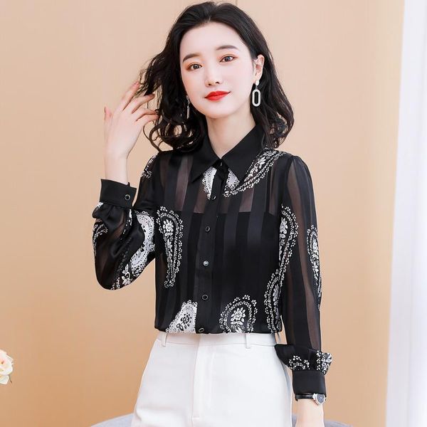 

women's blouses & shirts black stripe chiffon long sleeve 2021 spring and autumn shirt for women, White