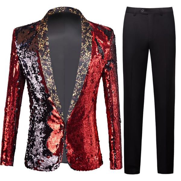 

men's suits & blazers autumn and winter red black sequins slim suit stage costumes nightclub bar dj singer jacket, White;black