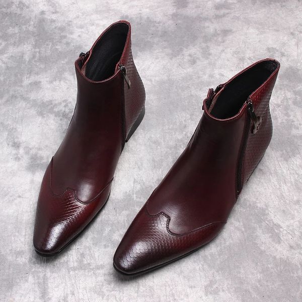 Прекрасные кожаные мужские ботинки Натуральная кожа Итальянские ботинки бордовые ботинки высокого класса High-end Zipper Официальные туфли заостренные ботинки