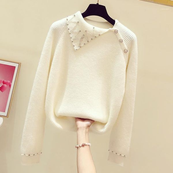 

women sweater 2021 fall winter heavy industry beads loose long-sleeved casual knitwear shirt female knit coat women's sweaters, White;black