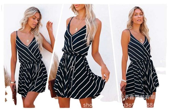 

striped suspender women's waist open back deep v casual black and white stripe dress, Black;gray